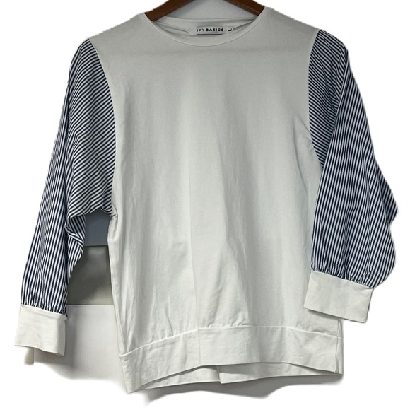 Jay Basics sz L statement sleeve blue white striped 3/4 sleeve cotton soft class - Picture 3 of 7
